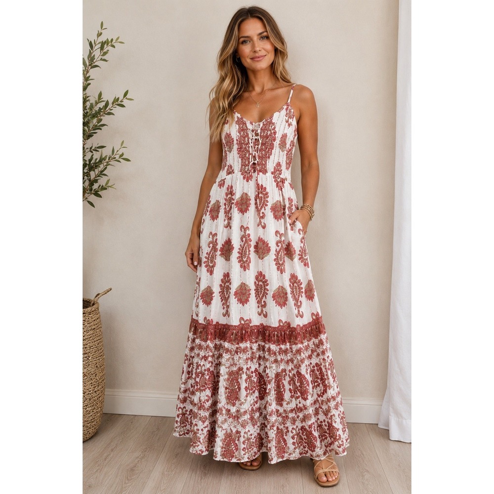 Me2 Moda 3X Boho Floral Maxi Dress Lace Up Cottagecore